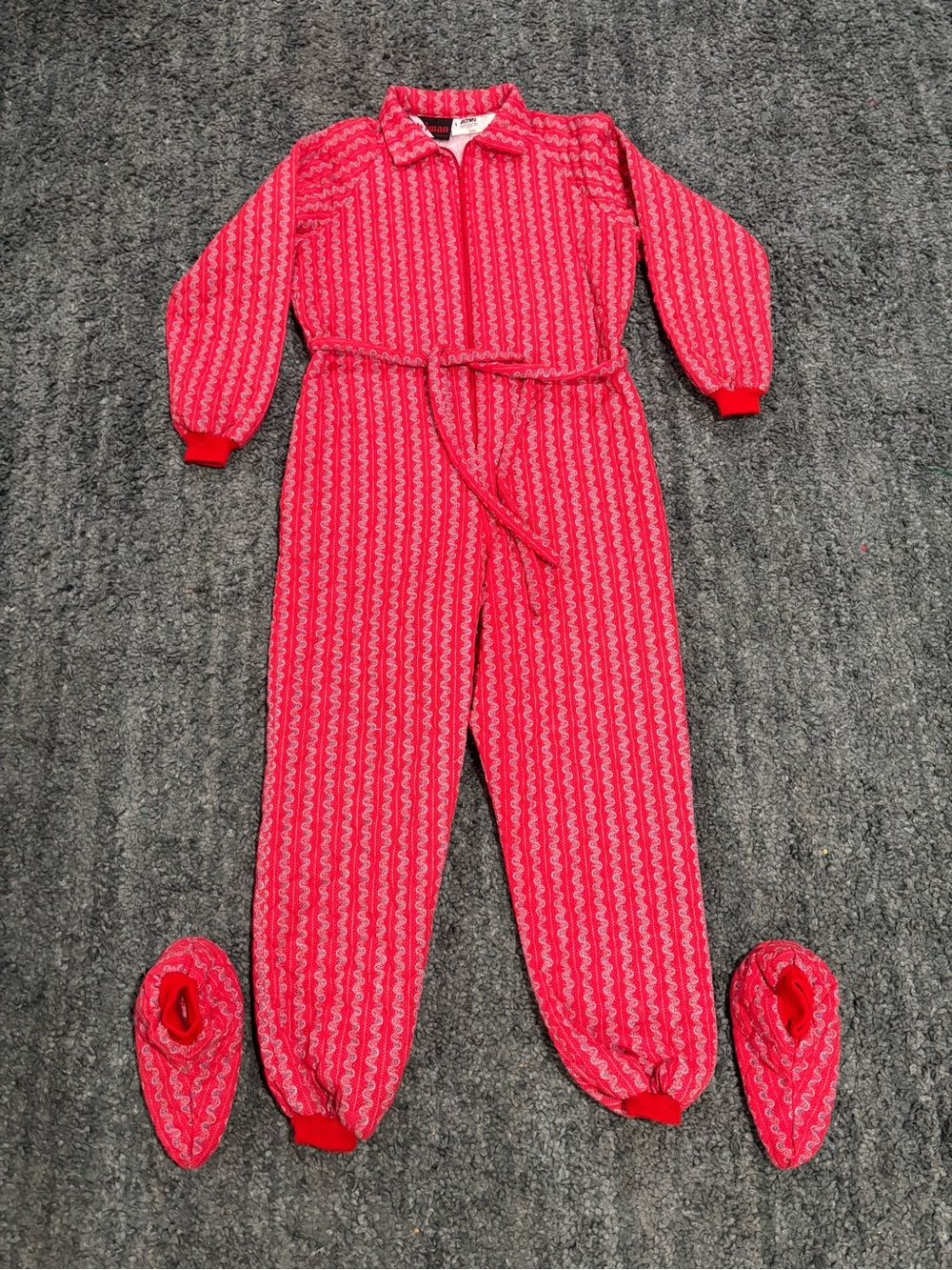 VTG 70s Wiman Quilted Loungewear Jumpsuit Onesie & Booties Set Red Folk Stripe L